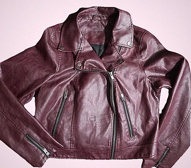 Aeropostale Burgundy Faux Leather Moto BIKER Jacket Zippers Chic Boho Retro XL