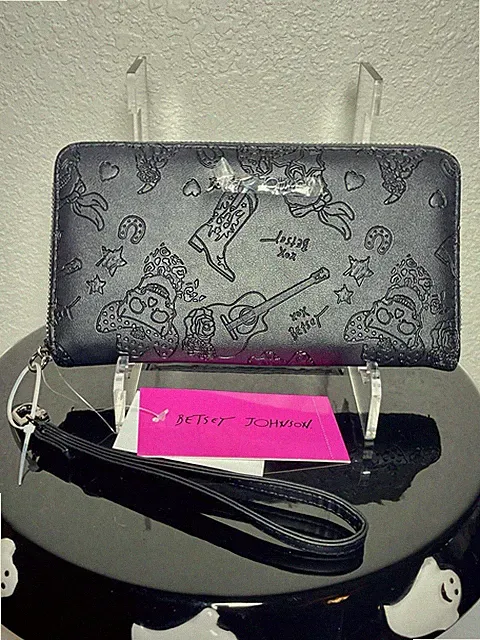 Betsey Johnson Black Faux Leather Skull Cowboy Western Wallet/Wristlet BN