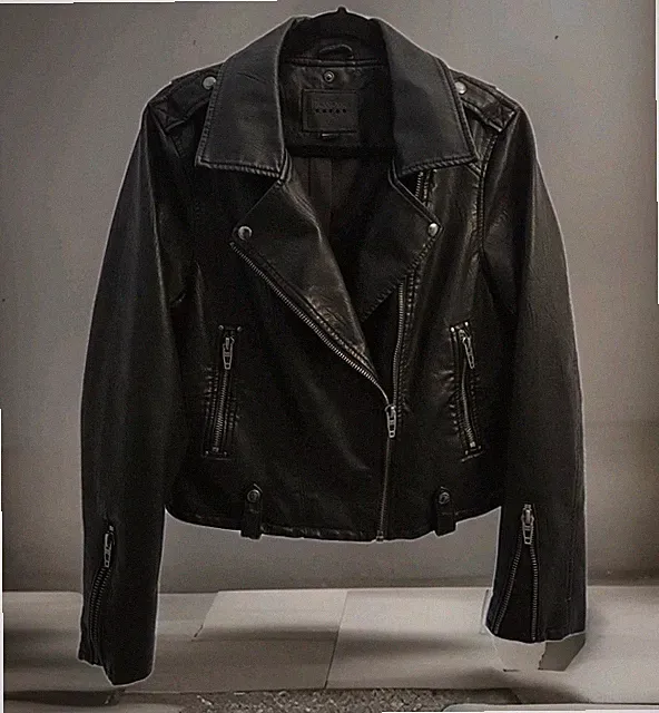 Blank NYC Womans Lg Black Faux Leather Biker Moto Jacket Asymetric Zipper Snaps