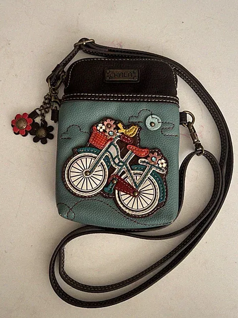 Chala Bicycle Crossbody Phone Purse Teal Floral Bike Mini Bag Flowers Charm