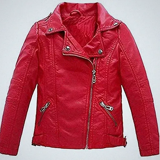 Children Collar Motorcycle Faux Leather Jacket Kids Bomber PU Soft Leather Red