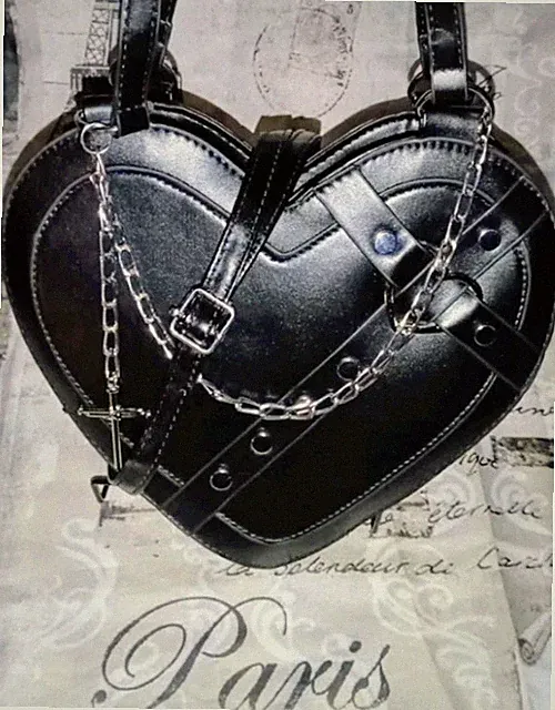 GOTHIC ROCKSTAR Heart SM Blk Faux Leather Chain Studded Crossbody Bag Tote NWOT❤