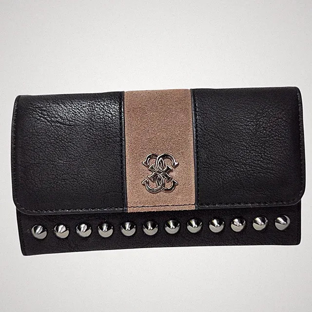 Guess Knoxville Multi Wallet Black Brown Faux Leather Studded Tri-Fold Vegan