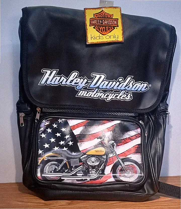 Harley Davidson Branded Kids Faux Leather Backpack w Cycle Design & Flag NWT