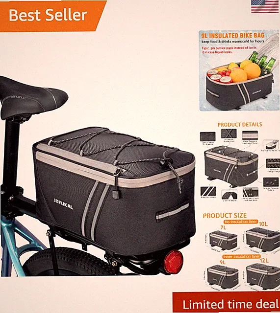 Insulated 9L Bike Pannier Bag with Adjustable Straps for Commuter Cyclists