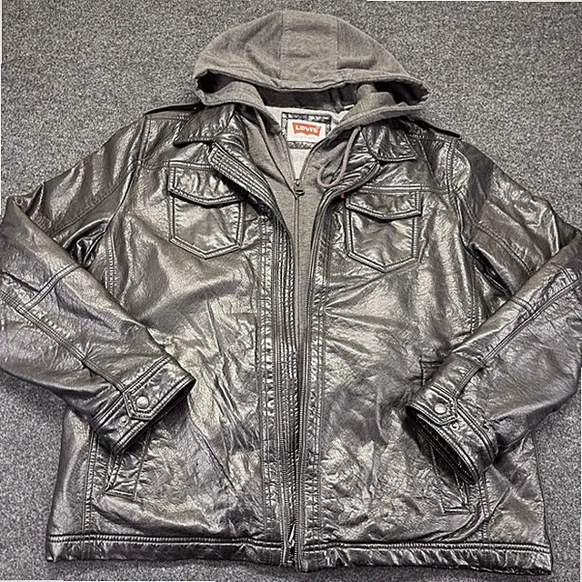 Levi’s Faux Leather Trucker Jacket Mens XL Black Gray Hooded Hybrid Coat As Is