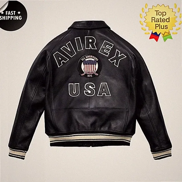 Men Avirex Black Real Bomber American Flight Jacket Leather Jacket-FAST SHIPPING