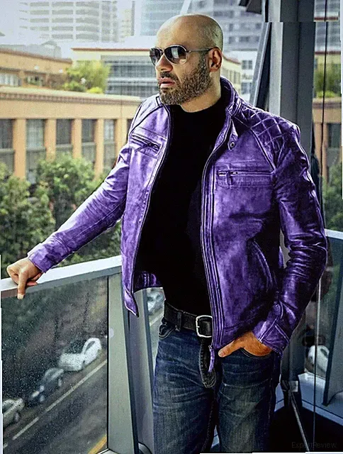 Men's Cafe Racer Classic Diamond Purple Motorcycle Bomber Biker Leather Jacket
