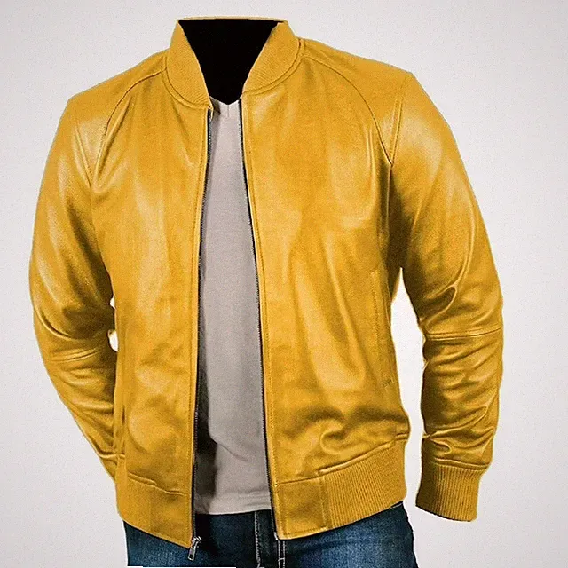 Men's Causal Wear Biker Stylish Yellow Real Leather Jacket - ALL BIG SIZES