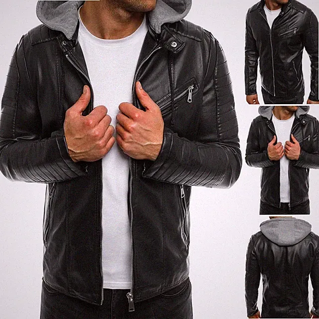 Men's Motorcycle Brando Style Biker Real Leather Hoodie Jacket - Detach Hood -FZ