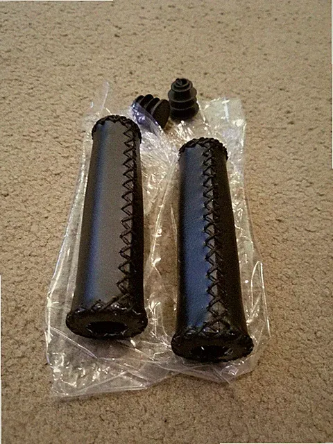 NEW BLACK ARTIFICIAL LEATHER BICYCLE GRIPS WITH STITCHING