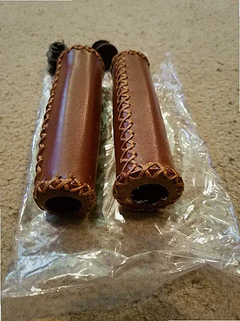 NEW BROWNISH ARTIFICIAL LEATHER BICYCLE GRIPS WITH STITCHING