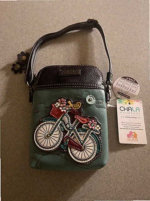New Chala Cell Phone Purse Crossbody Vegan Leather Convertible BICYCLE Teal gift
