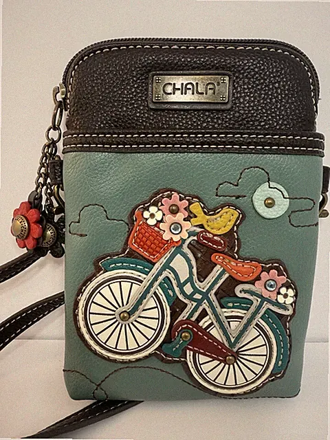 NWOT Chala 7.5”Teal Floral Bicycle Cellphone Crossbody Purse W/ Extra Strap