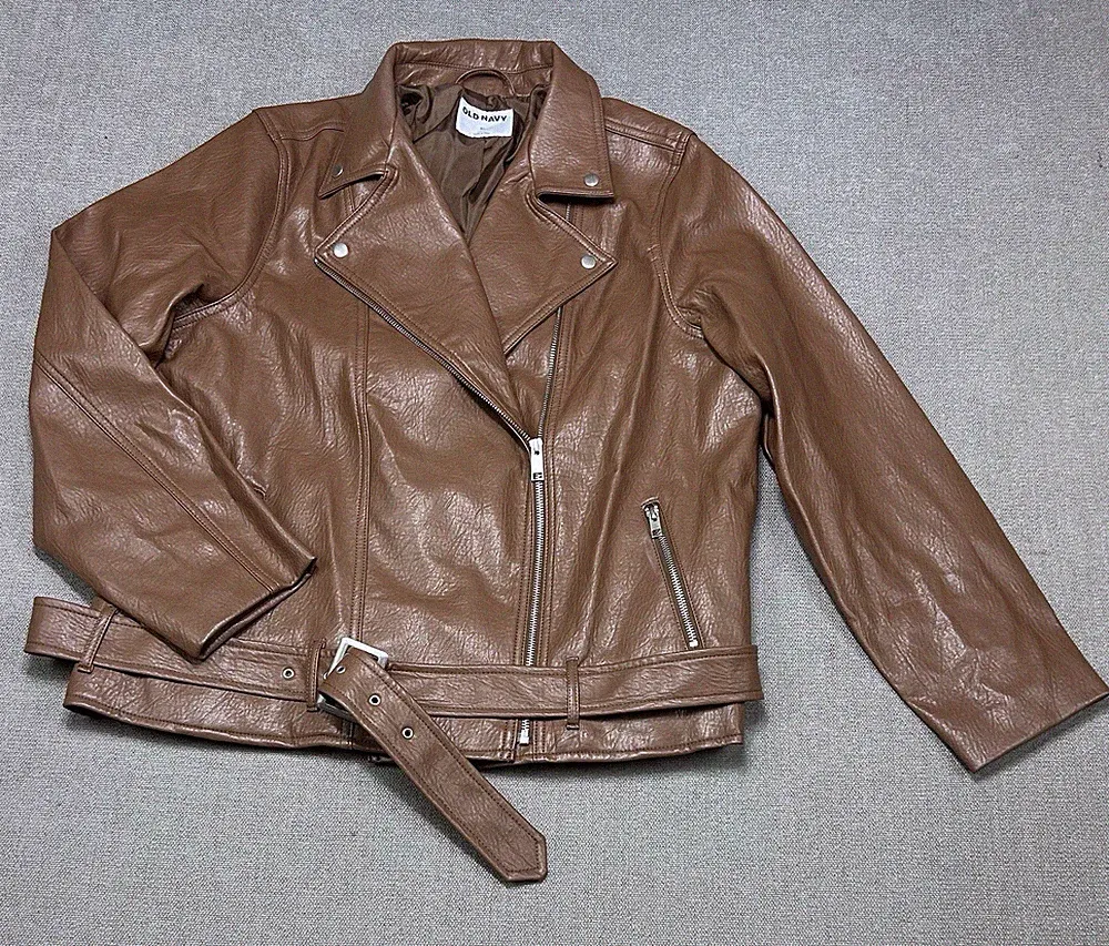 Old Navy Faux-Leather Belted Biker Moto Zip Jacket Women's Size XL Brown