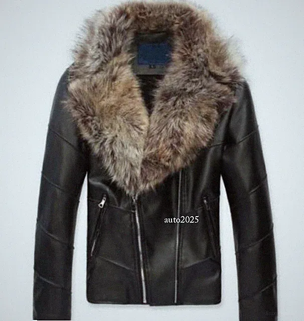 Punk Motorcycle Mens Faux Leather Fur Collar Biker Winter Jacket Slim Short Coat