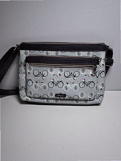 Relic Gray Bicycle Print Crossbody Bag Zip Closure Silver Hardware Inner Pockets