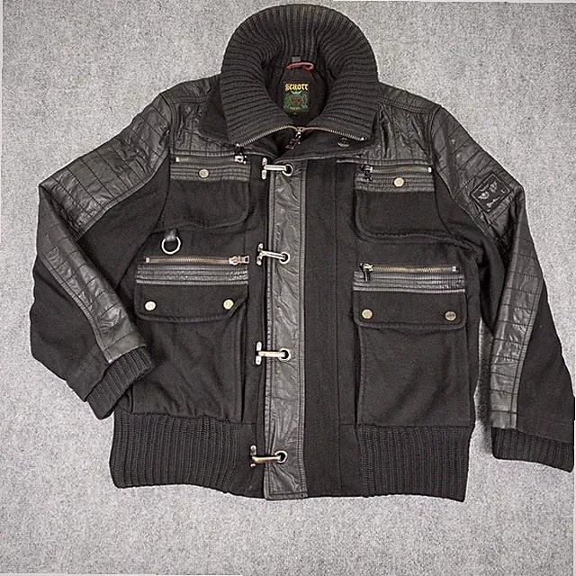 Schott Jacket Mens XL Black Wool Bomber Quilted Faux Leather Zip Clasp Utility