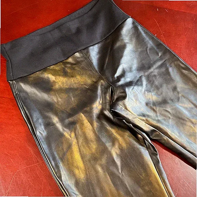 Womens Assets by Spanx Faux Leather Black Gold Highlight Shaping Leggings (M)
