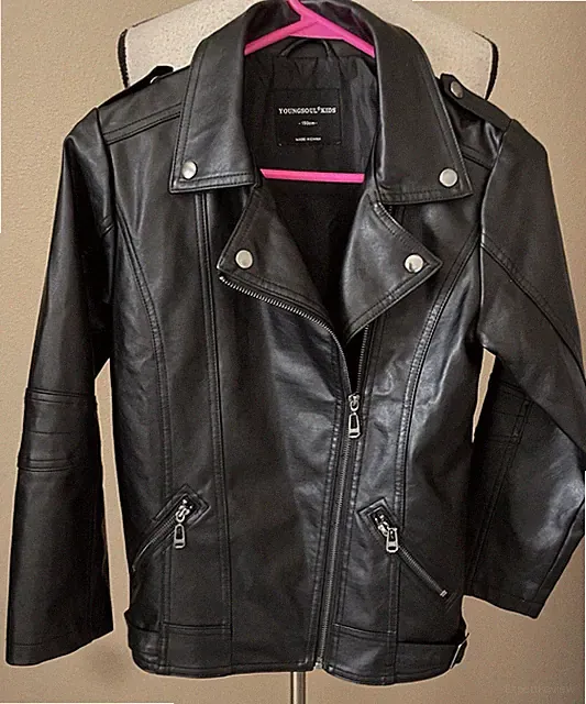 YoungSoul Kids Motorcycle Jacket, Black, Faux Leather, Size 150cm (US 12)